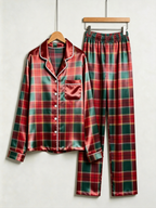 Classic Red & Green Tartan Plaid Holiday Couple Satin Pajama Set Couple Sleepwear