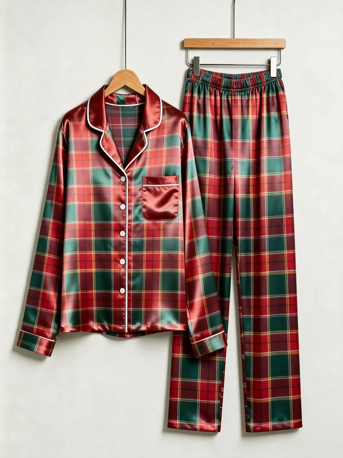 Classic Red & Green Tartan Plaid Holiday Couple Satin Pajama Set Couple Sleepwear