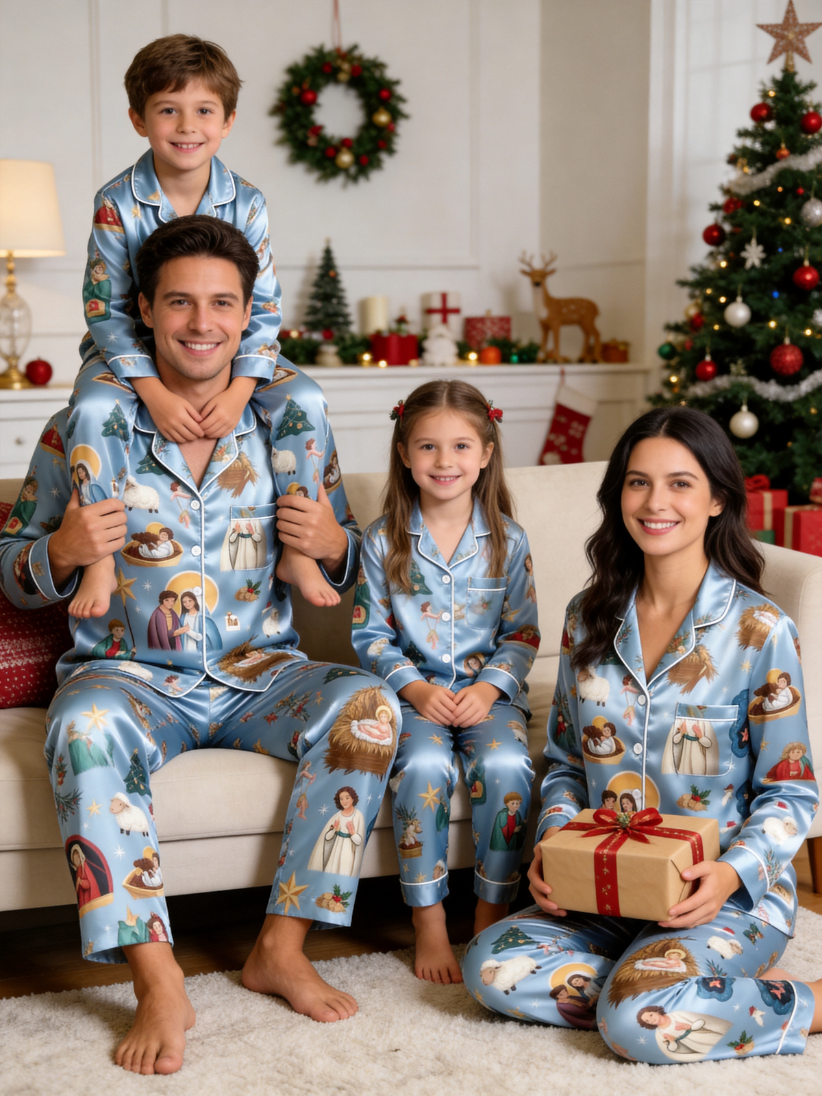 Family Matching Christmas Nativity & Manger Scene Family Satin Pajama Set Sleepwear