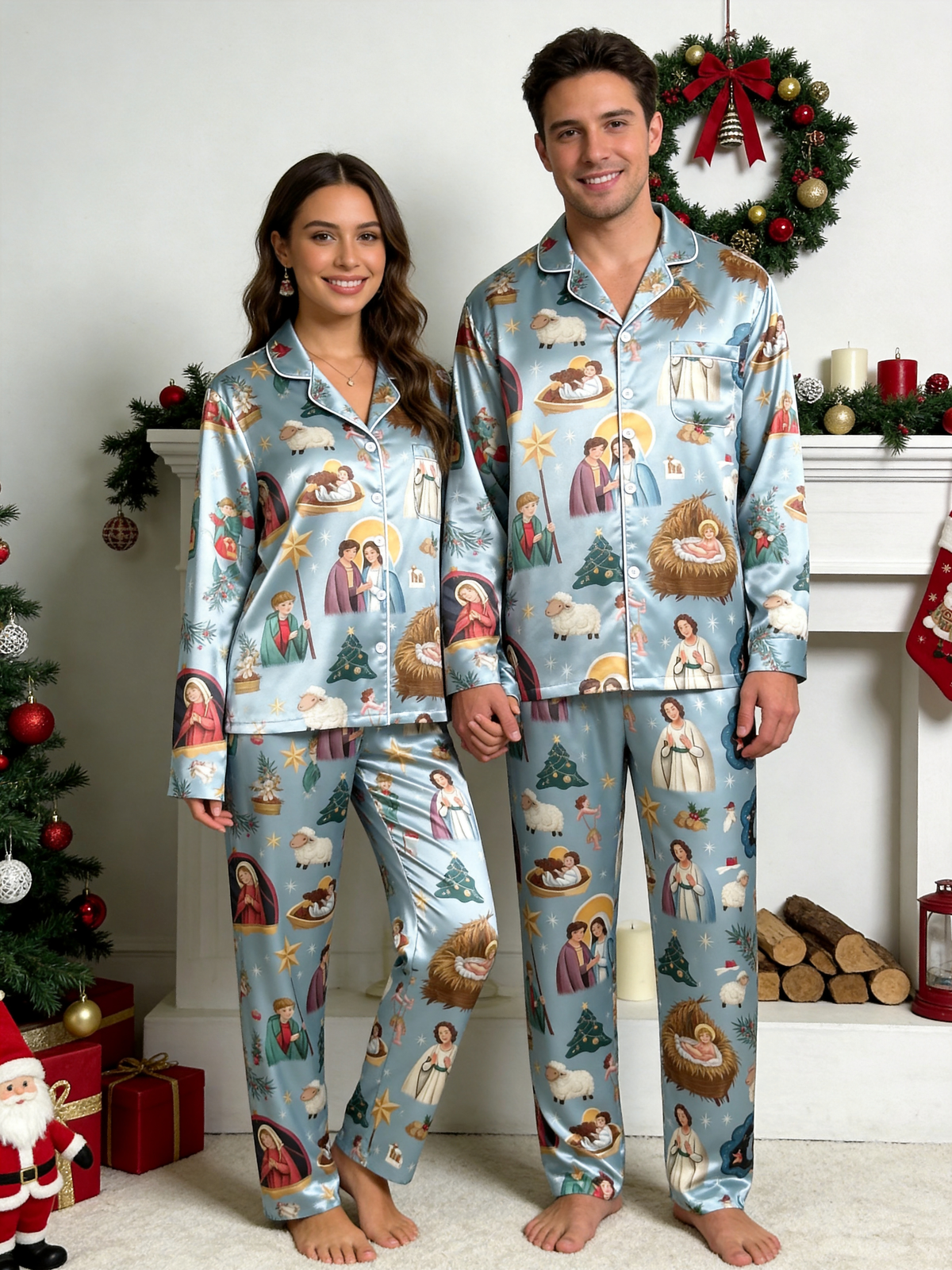 Family Matching Christmas Nativity & Manger Scene Family Satin Pajama Set Sleepwear