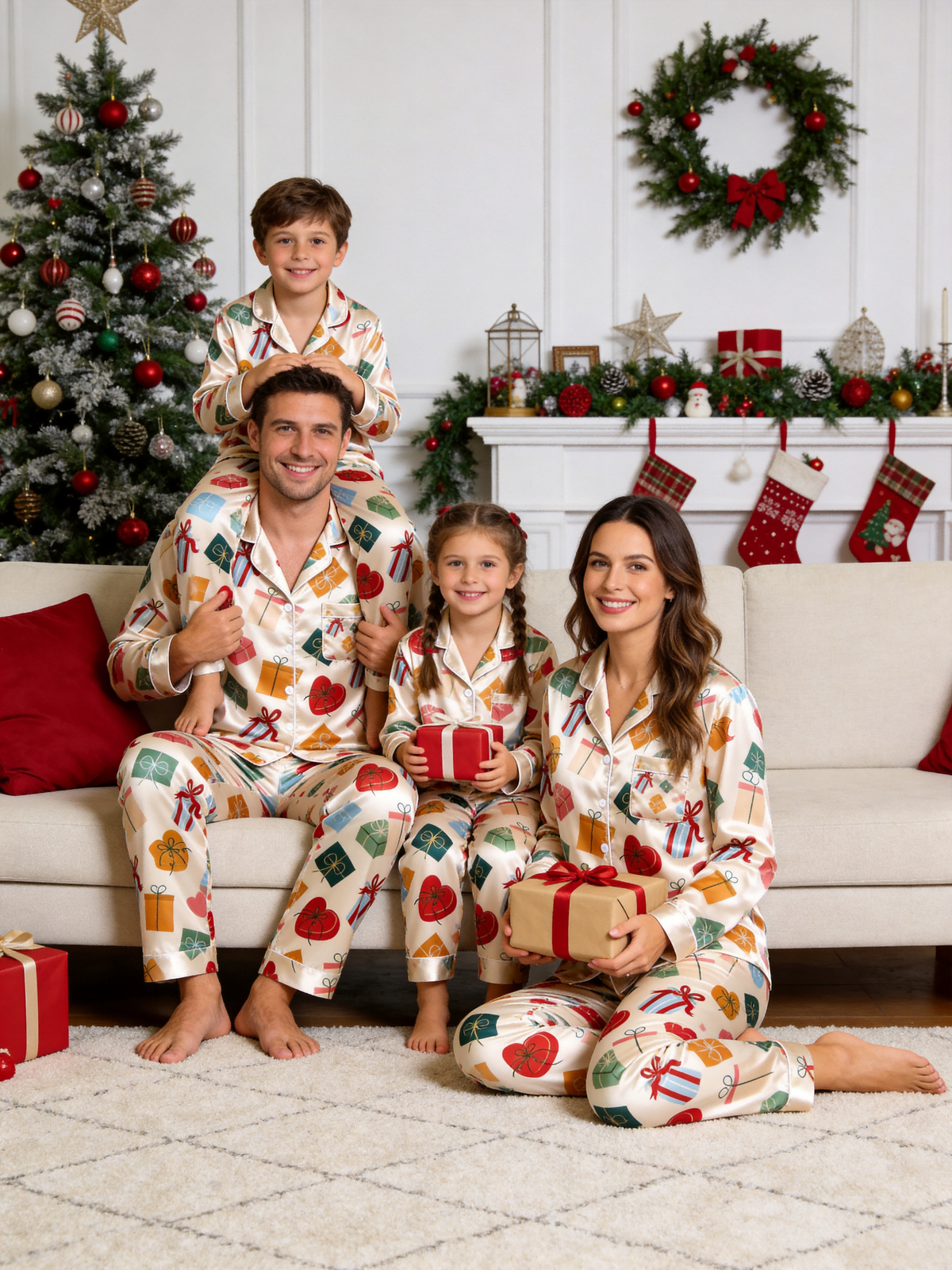 Festive Gift Boxes & Heart Print Couple Satin Pajama Set Holiday Matching Sleepwear