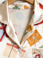 Festive Gift Boxes & Heart Print Couple Satin Pajama Set Holiday Matching Sleepwear
