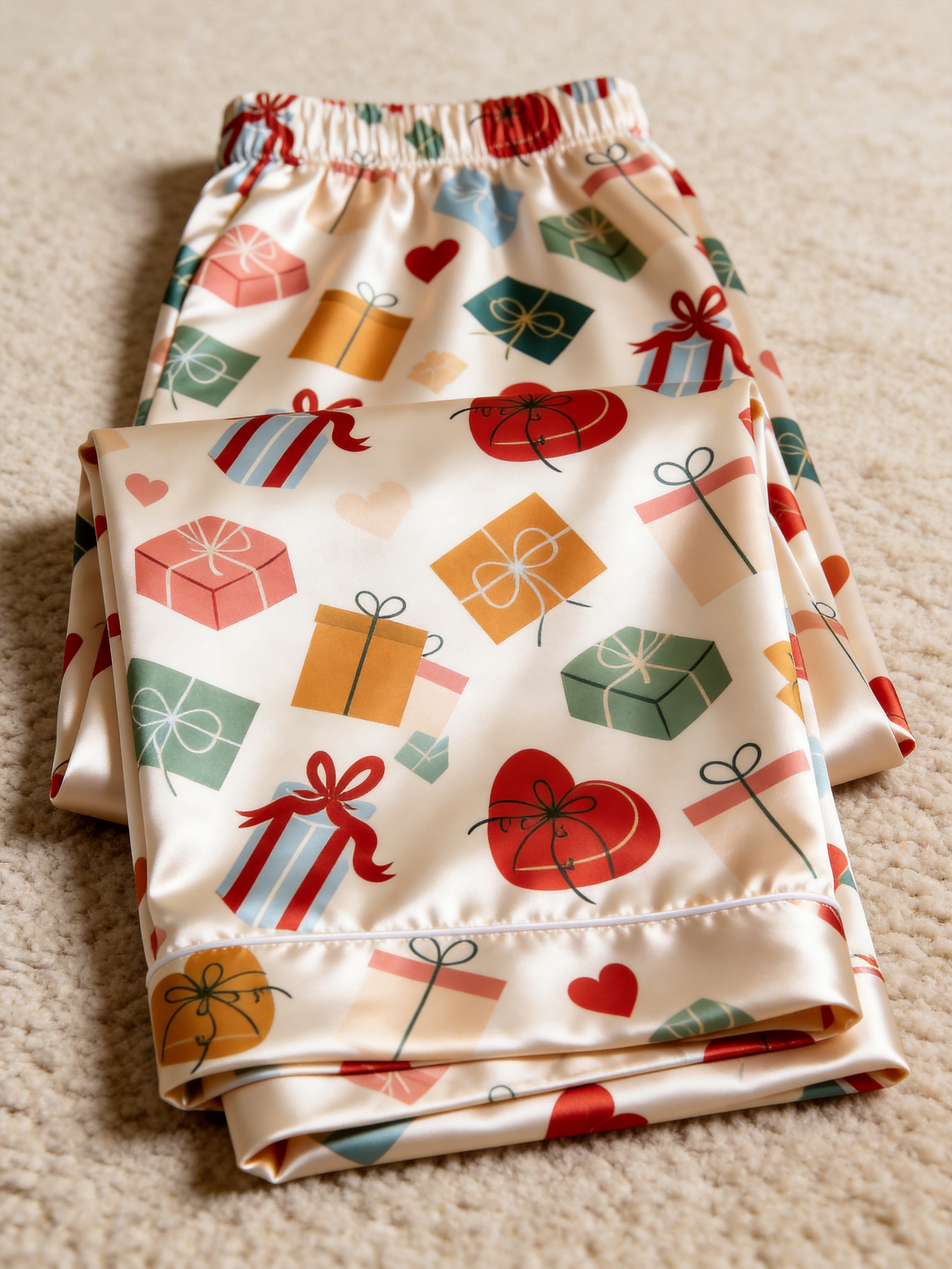 Festive Gift Boxes & Heart Print Couple Satin Pajama Set Holiday Matching Sleepwear
