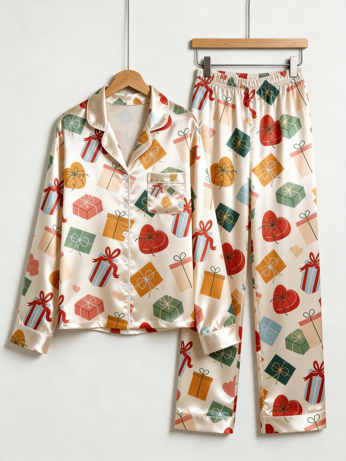 Festive Gift Boxes & Heart Print Couple Satin Pajama Set Holiday Matching Sleepwear