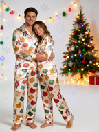 Festive Gift Boxes & Heart Print Couple Satin Pajama Set Holiday Matching Sleepwear