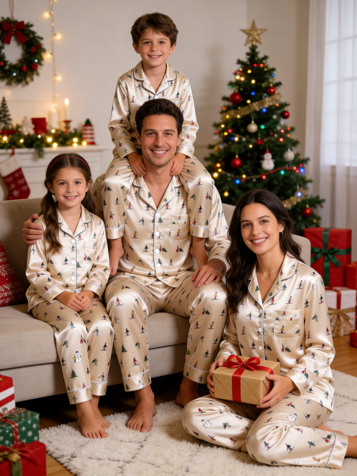 Winter Wonderland Skiers & Pine Tree Print Couple Satin Pajama Set Cozy Sleepwear
