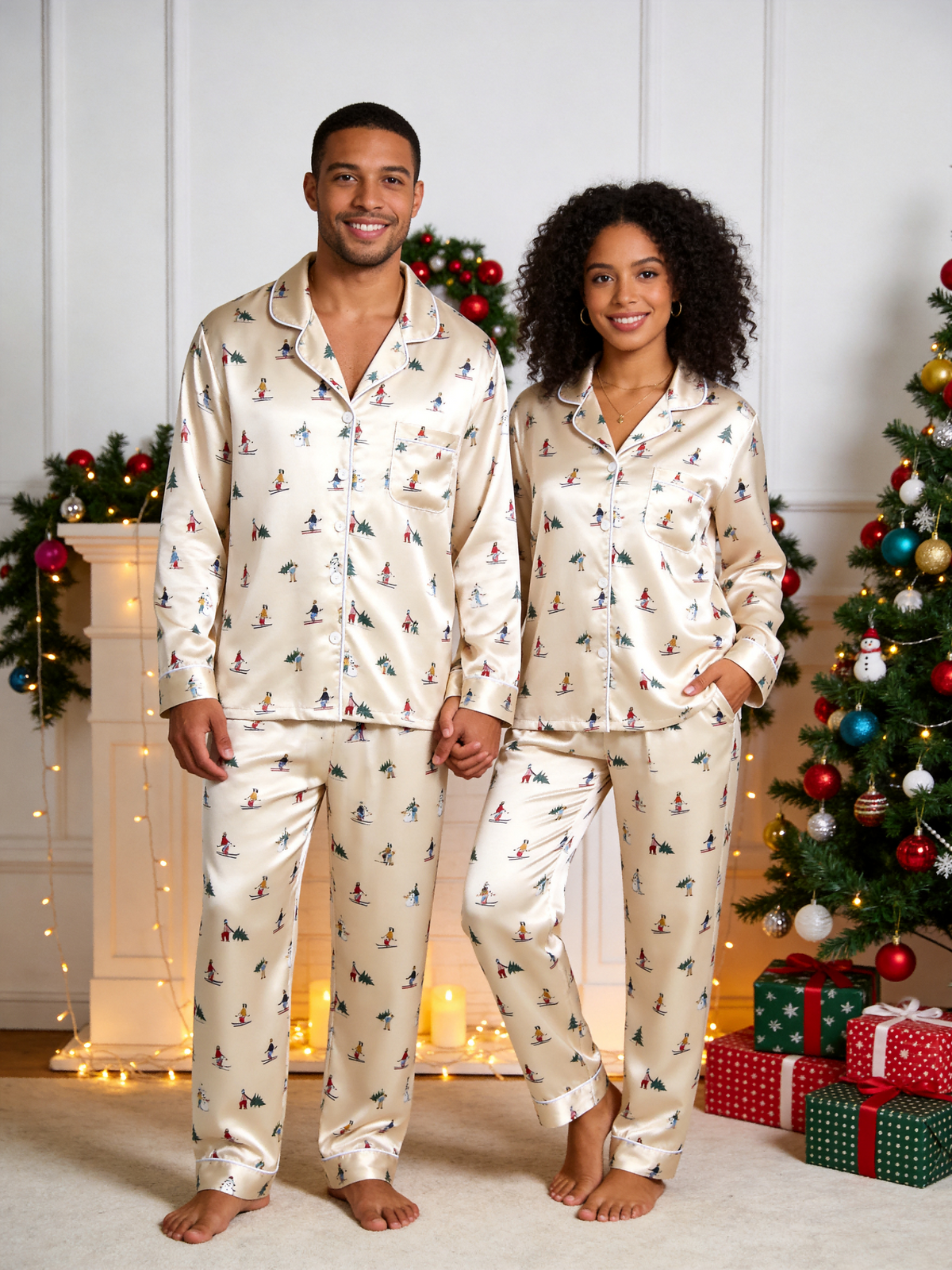 Winter Wonderland Skiers & Pine Tree Print Family Satin Pajama Set Cozy Sleepwear