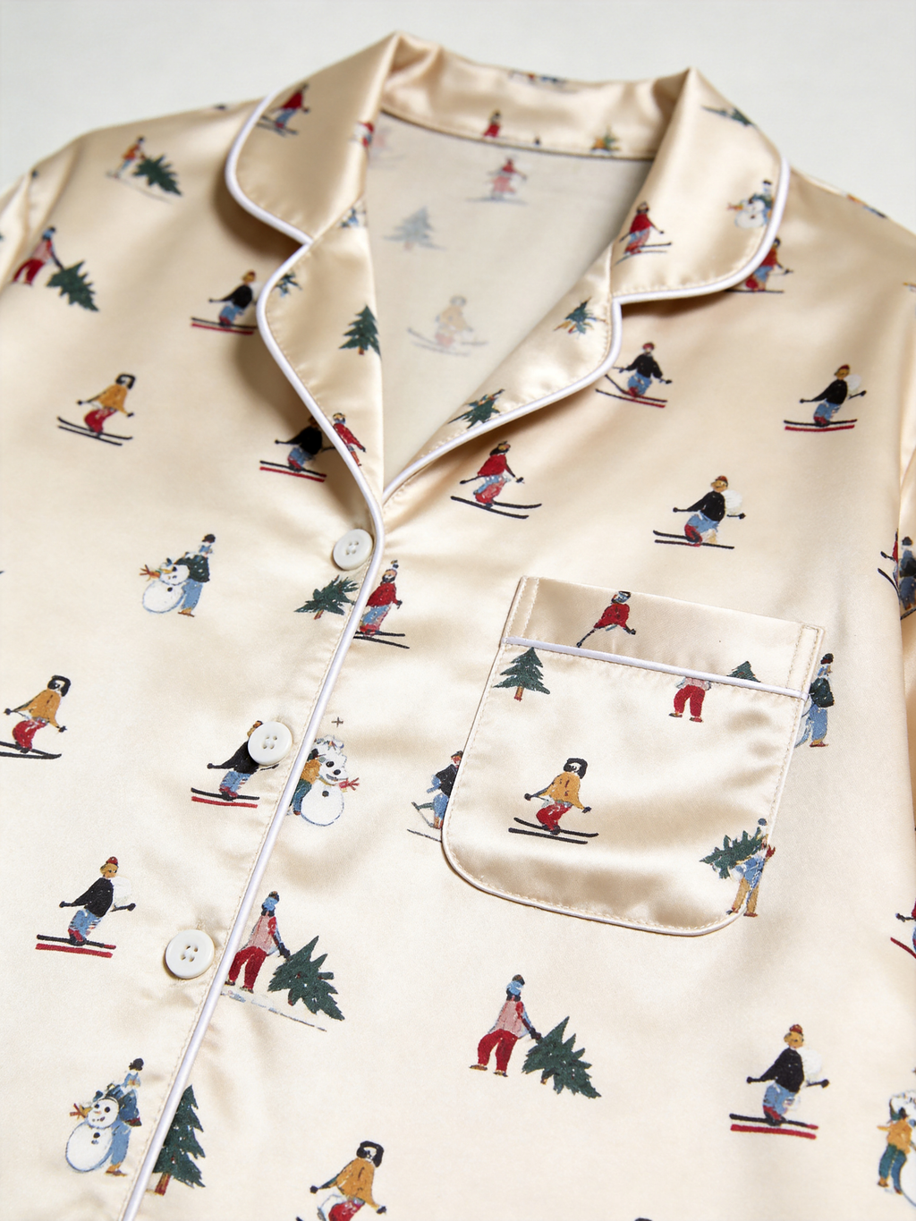 Winter Wonderland Skiers & Pine Tree Print Couple Satin Pajama Set Cozy Sleepwear
