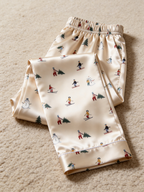 Winter Wonderland Skiers & Pine Tree Print Couple Satin Pajama Set Cozy Sleepwear
