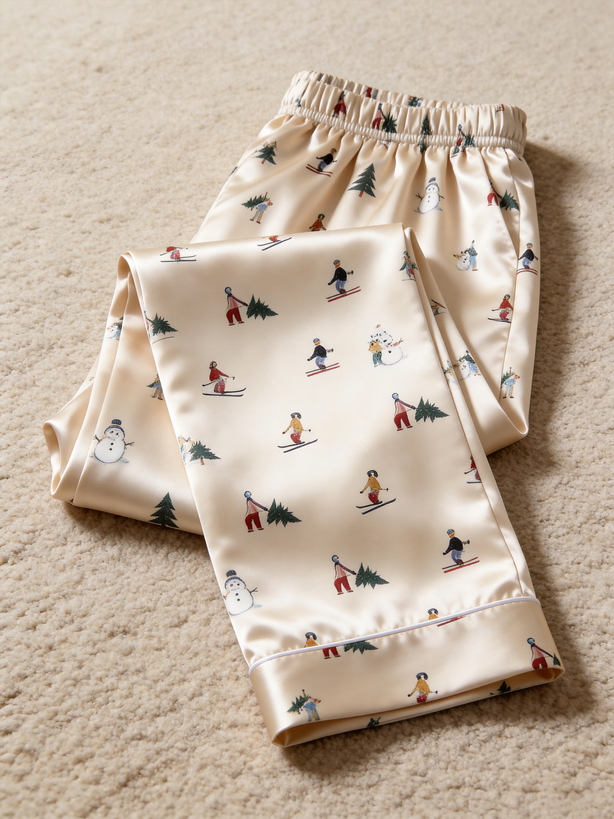 Winter Wonderland Skiers & Pine Tree Print Couple Satin Pajama Set Cozy Sleepwear