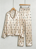 Winter Wonderland Skiers & Pine Tree Print Couple Satin Pajama Set Cozy Sleepwear