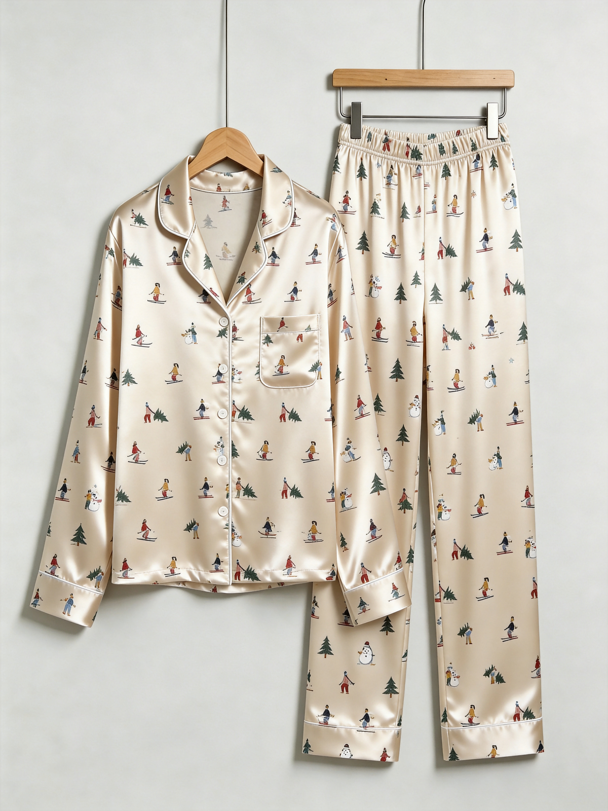 Winter Wonderland Skiers & Pine Tree Print Couple Satin Pajama Set Cozy Sleepwear