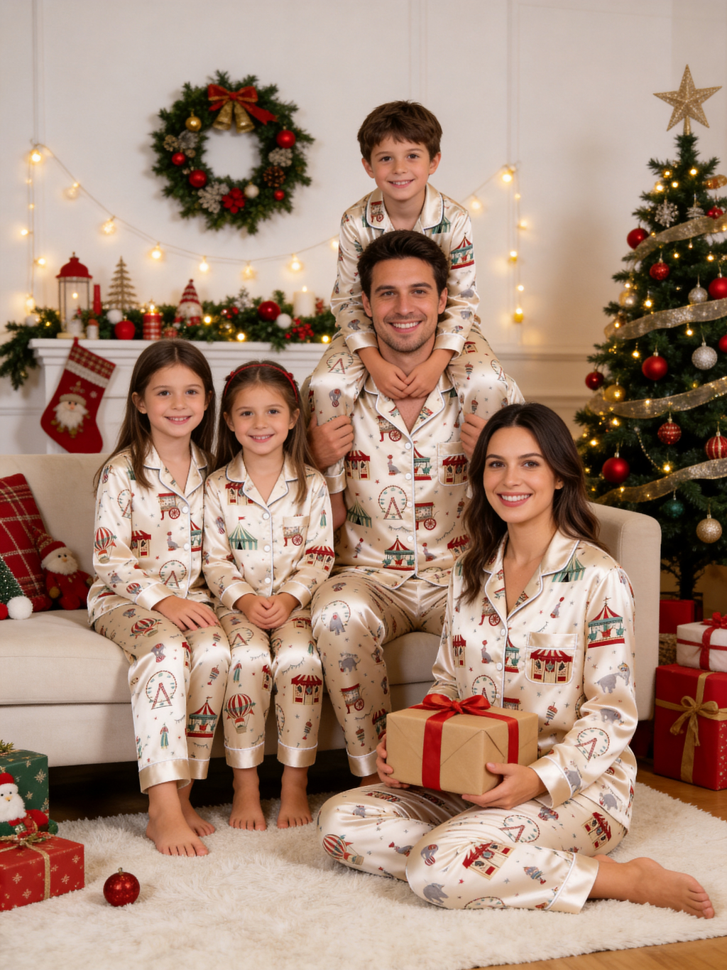 Vintage Holiday Carnival & Ferris Wheel Print Couple Satin Pajama Set Sleepwear