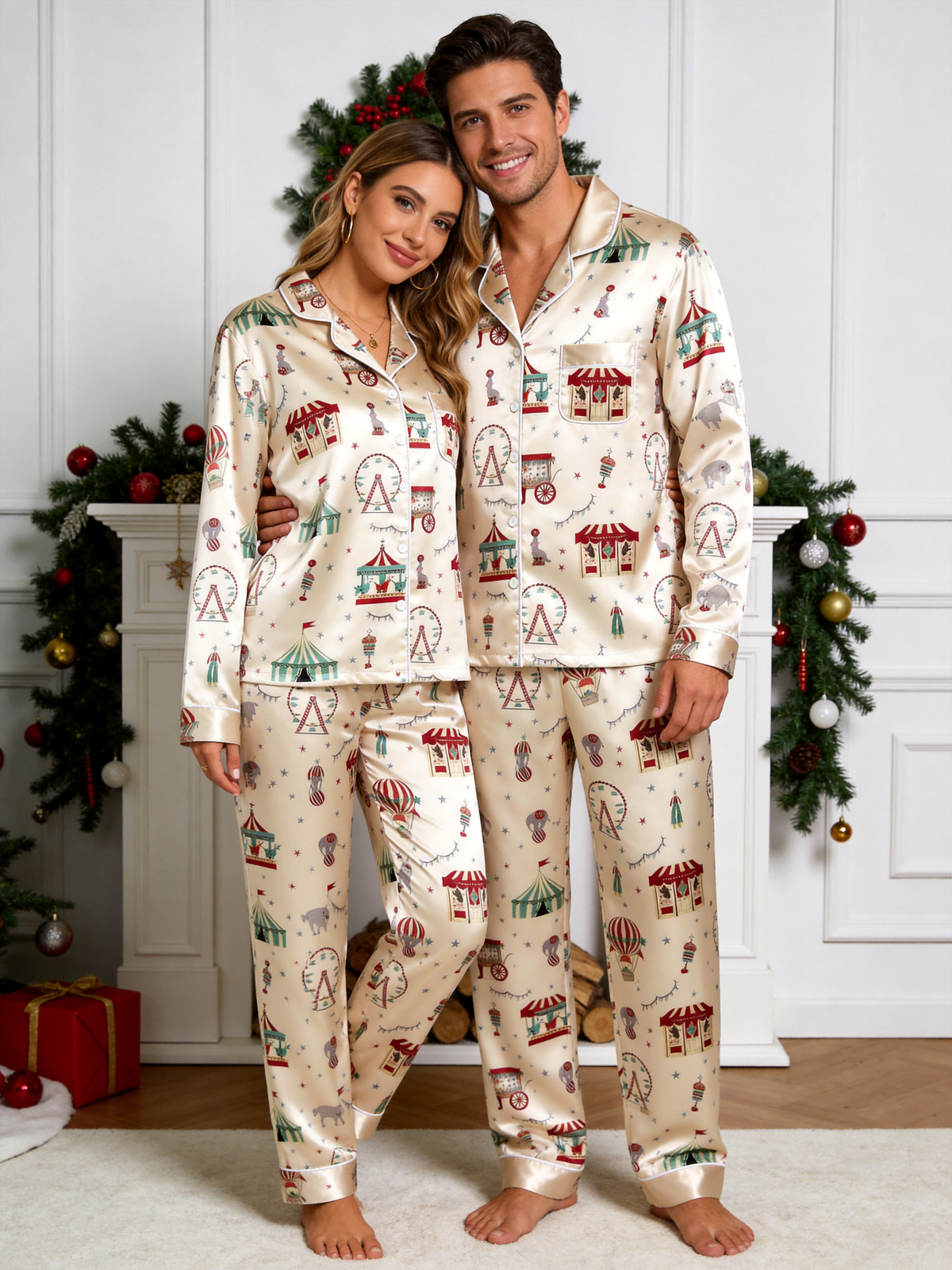 Vintage Holiday Carnival & Ferris Wheel Print Couple Satin Pajama Set Sleepwear