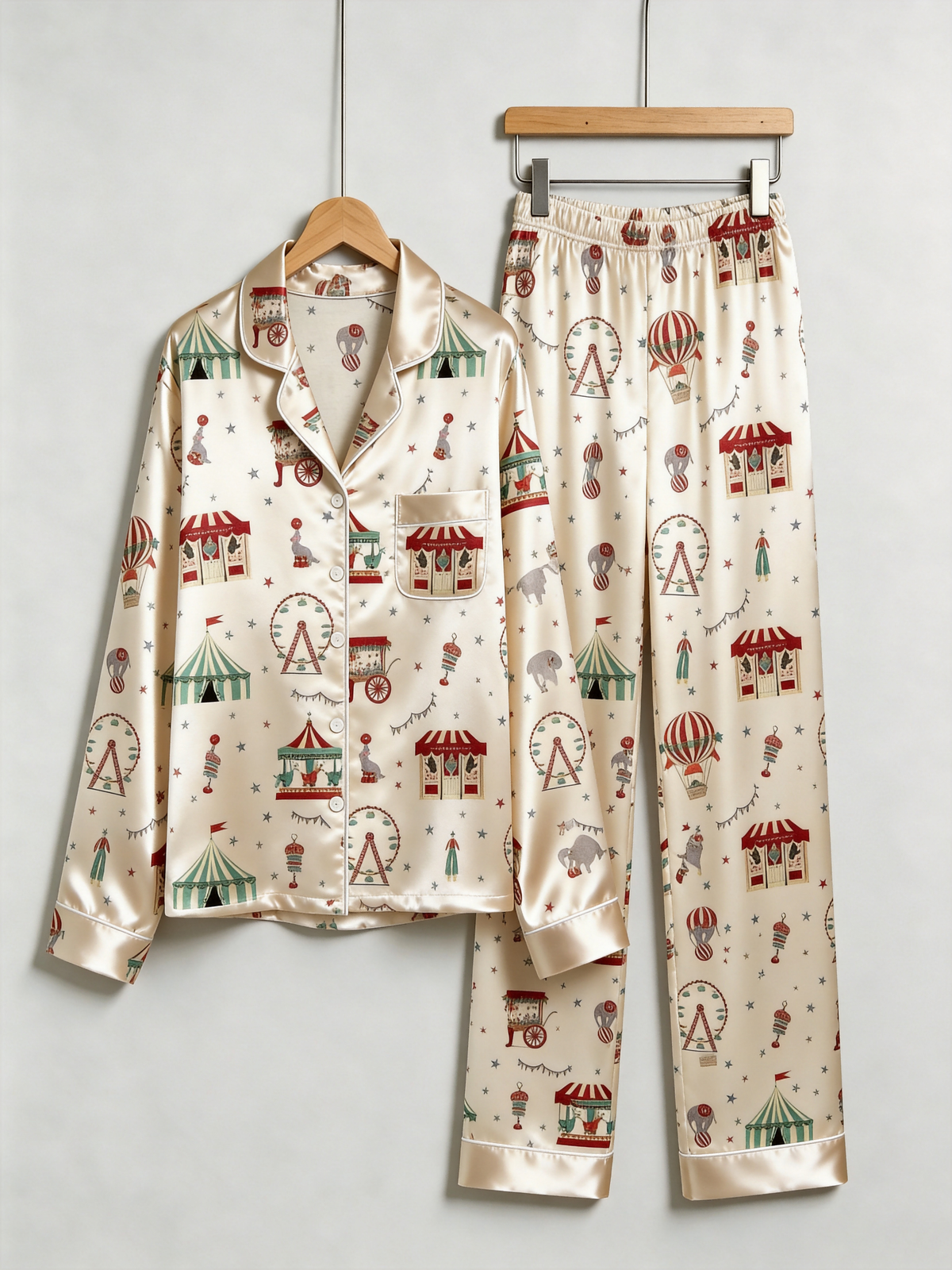 Vintage Holiday Carnival & Ferris Wheel Print Couple Satin Pajama Set Sleepwear