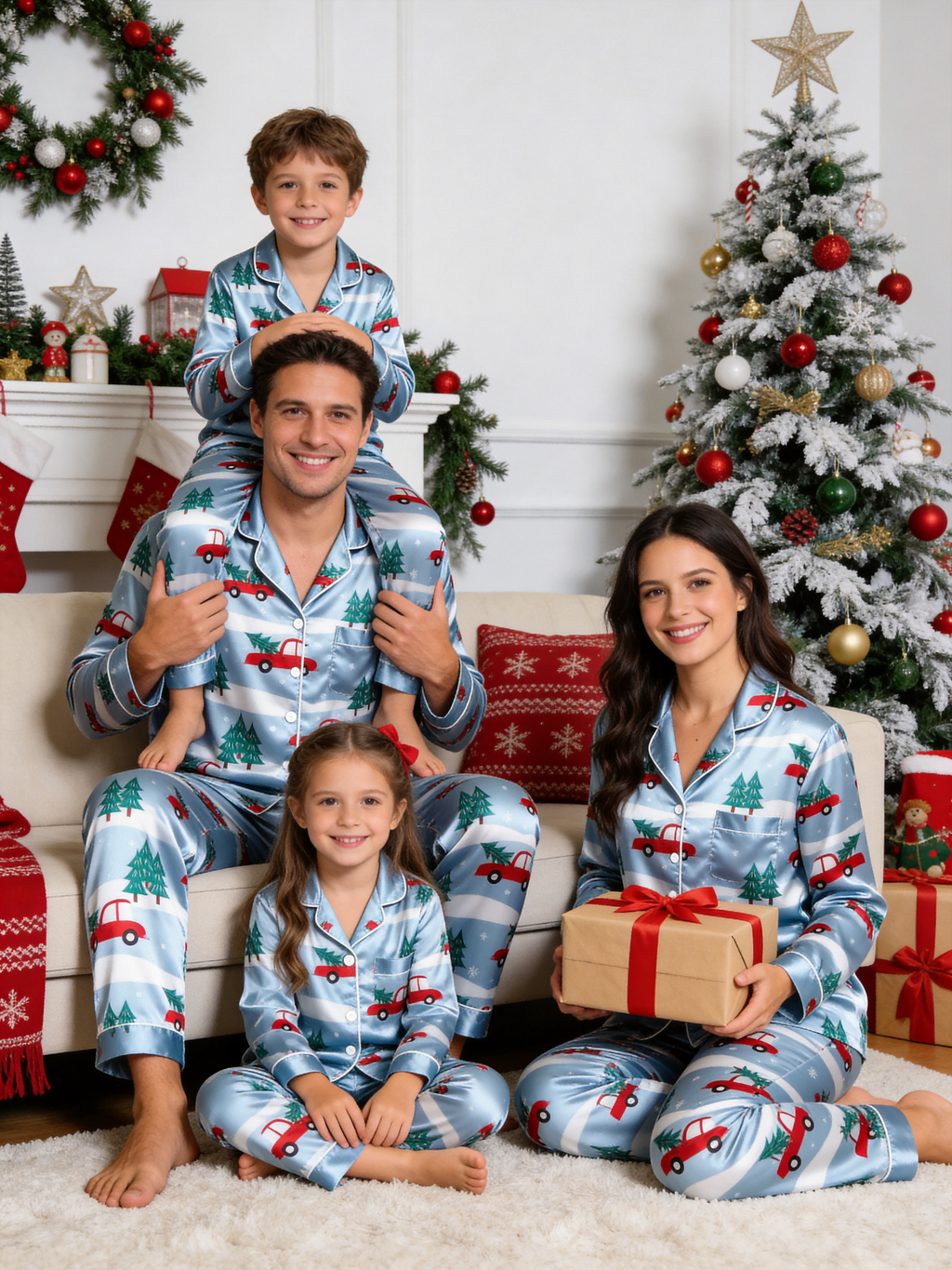 Snowy Forest Red Truck & Tree Print Couple Satin Pajama Set Holiday Sleepwear