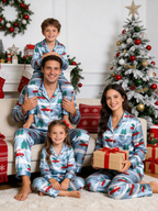 Snowy Forest Red Truck & Tree Print Couple Satin Pajama Set Holiday Sleepwear