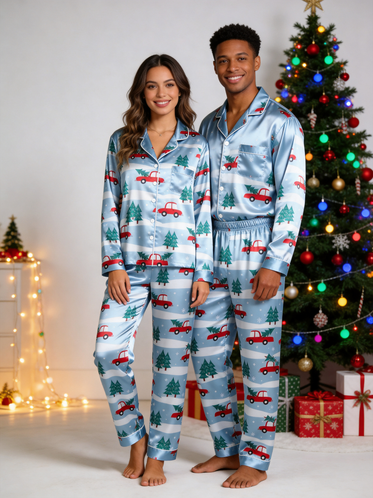 Snowy Forest Red Truck & Tree Print Family Satin Pajama Set Holiday Sleepwear