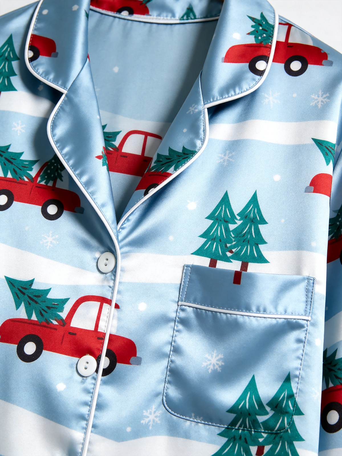 Snowy Forest Red Truck & Tree Print Couple Satin Pajama Set Holiday Sleepwear
