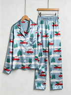 Snowy Forest Red Truck & Tree Print Couple Satin Pajama Set Holiday Sleepwear