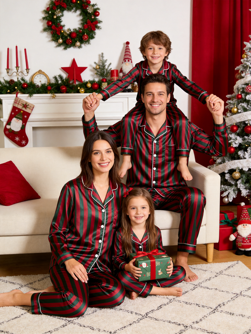 Classic Red & Green Striped Holiday Couple Satin Pajama Set Couple Sleepwear