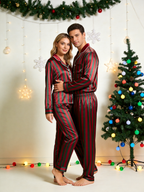 Classic Red & Green Striped Holiday Couple Satin Pajama Set Couple Sleepwear
