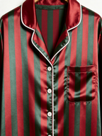 Classic Red & Green Striped Holiday Couple Satin Pajama Set Couple Sleepwear