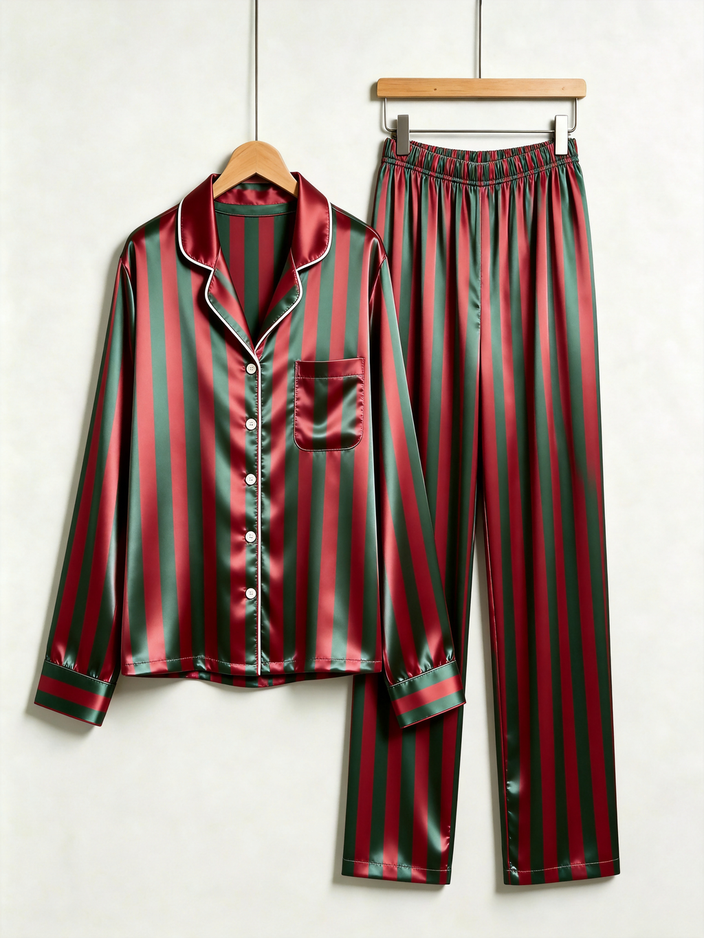 Classic Red & Green Striped Holiday Couple Satin Pajama Set Couple Sleepwear