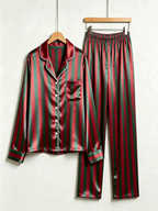 Classic Red & Green Striped Holiday Couple Satin Pajama Set Couple Sleepwear