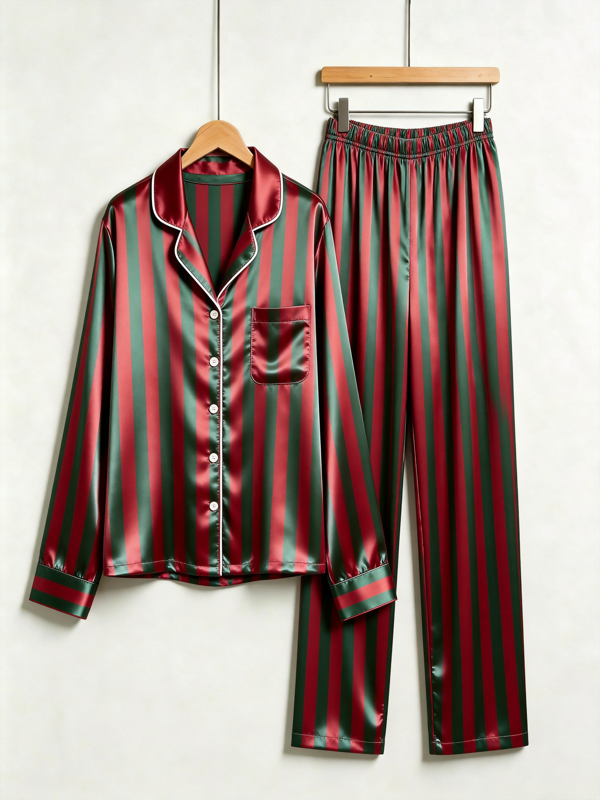 Classic Red & Green Striped Holiday Couple Satin Pajama Set Couple Sleepwear