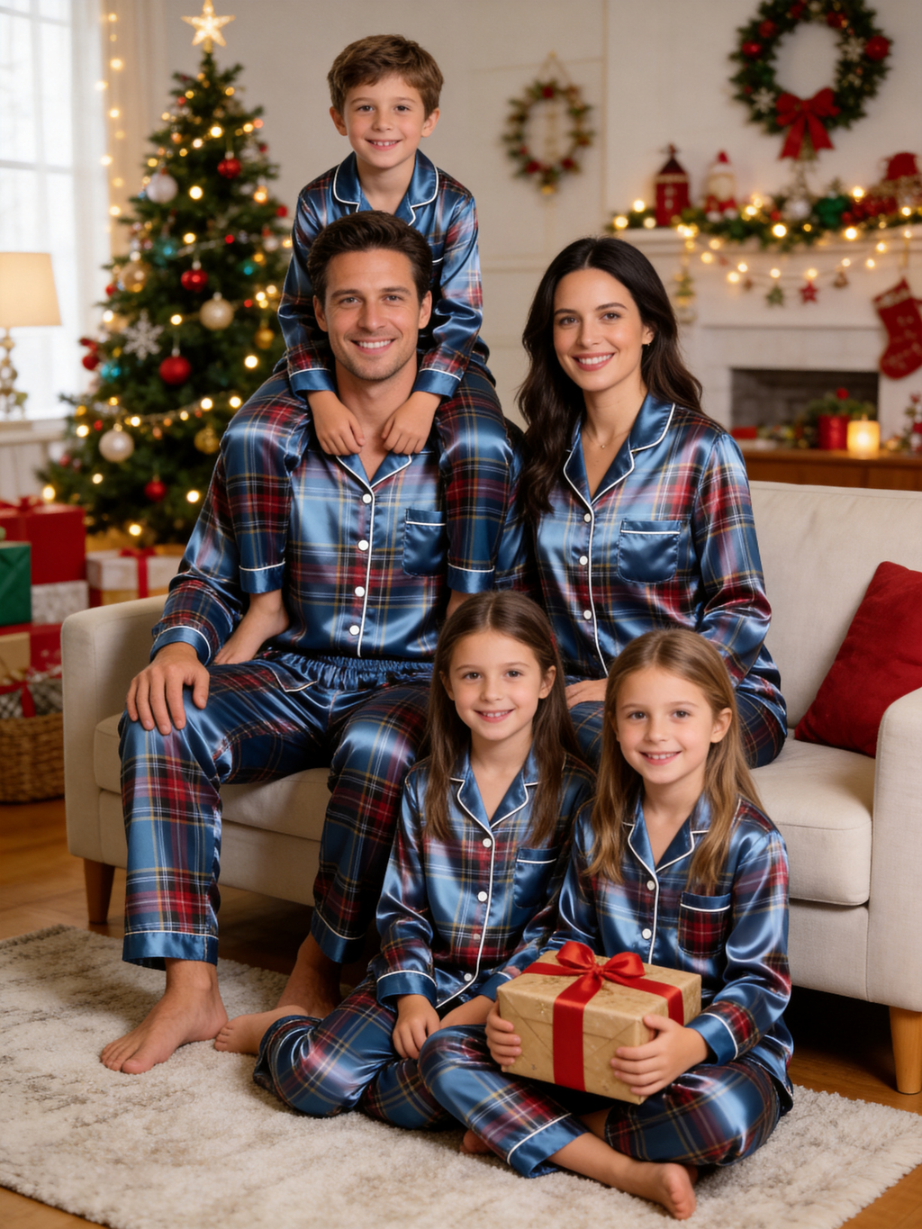 Blue Tartan Plaid Holiday Couple Satin Pajama Set Matching Couple Sleepwear