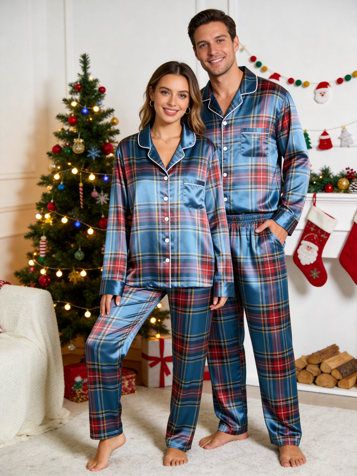 Blue Tartan Plaid Holiday Family Satin Pajama Set Matching Family Sleepwear