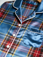 Blue Tartan Plaid Holiday Couple Satin Pajama Set Matching Couple Sleepwear