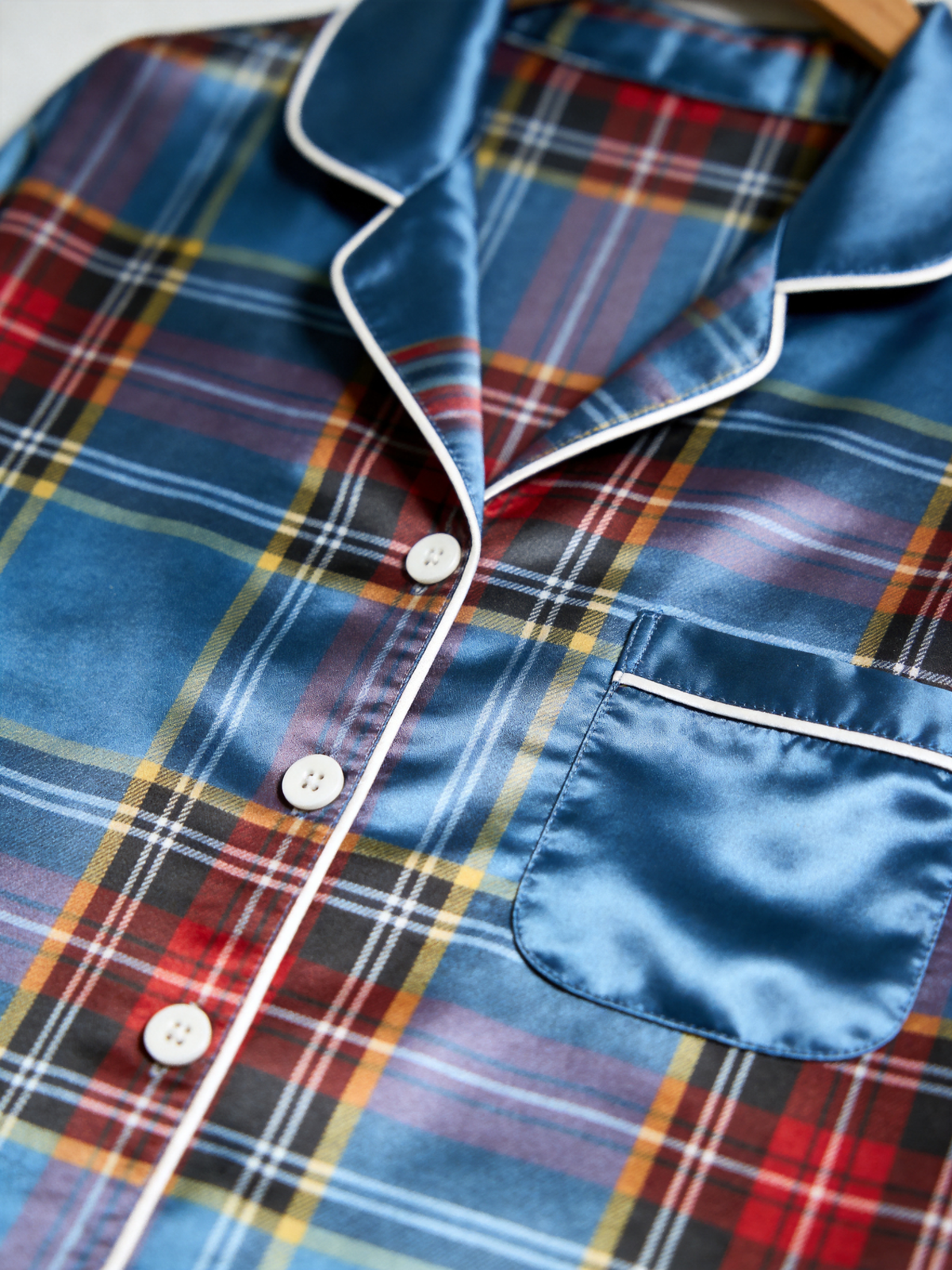 Blue Tartan Plaid Holiday Couple Satin Pajama Set Matching Couple Sleepwear