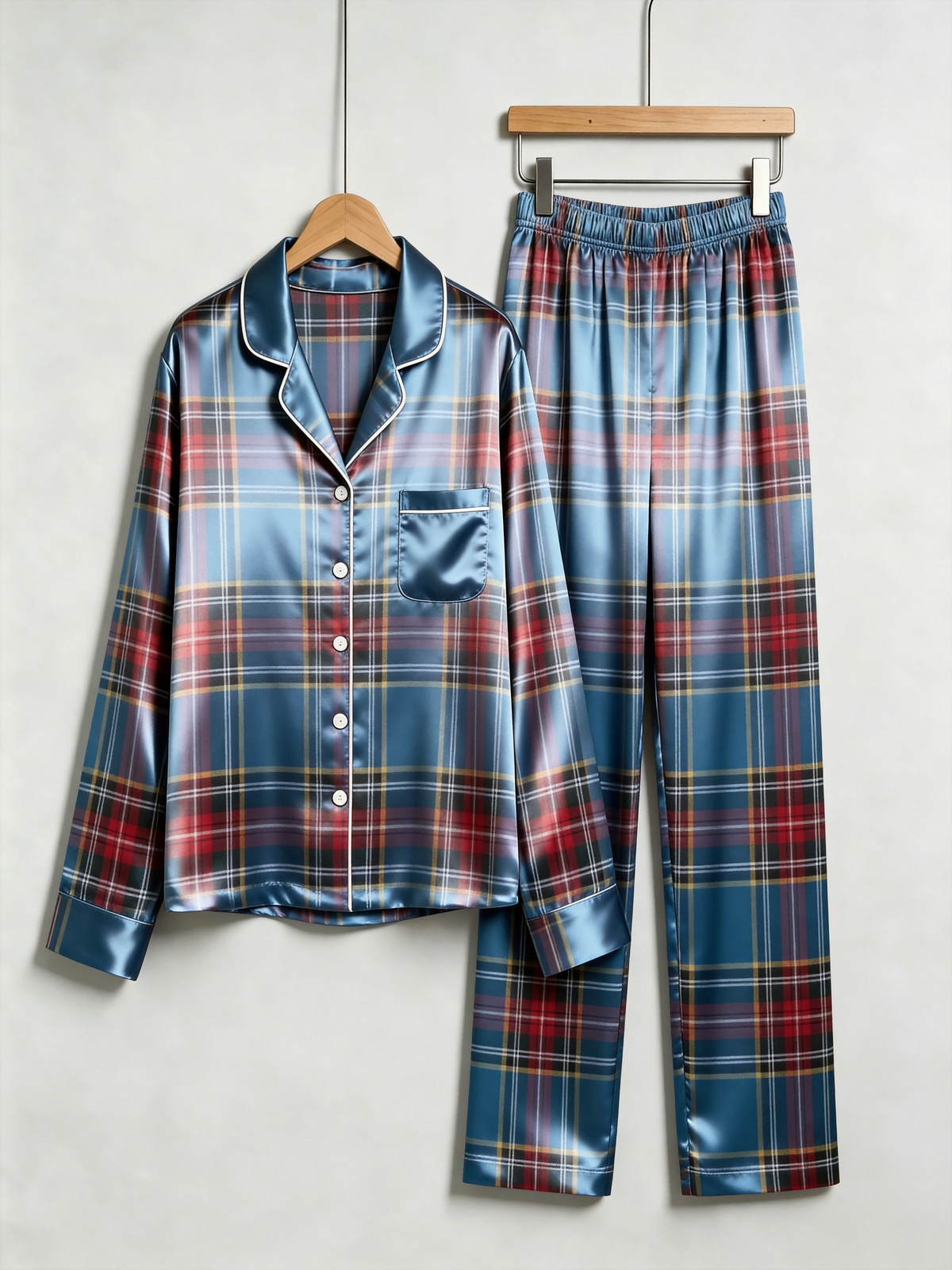 Blue Tartan Plaid Holiday Couple Satin Pajama Set Matching Couple Sleepwear