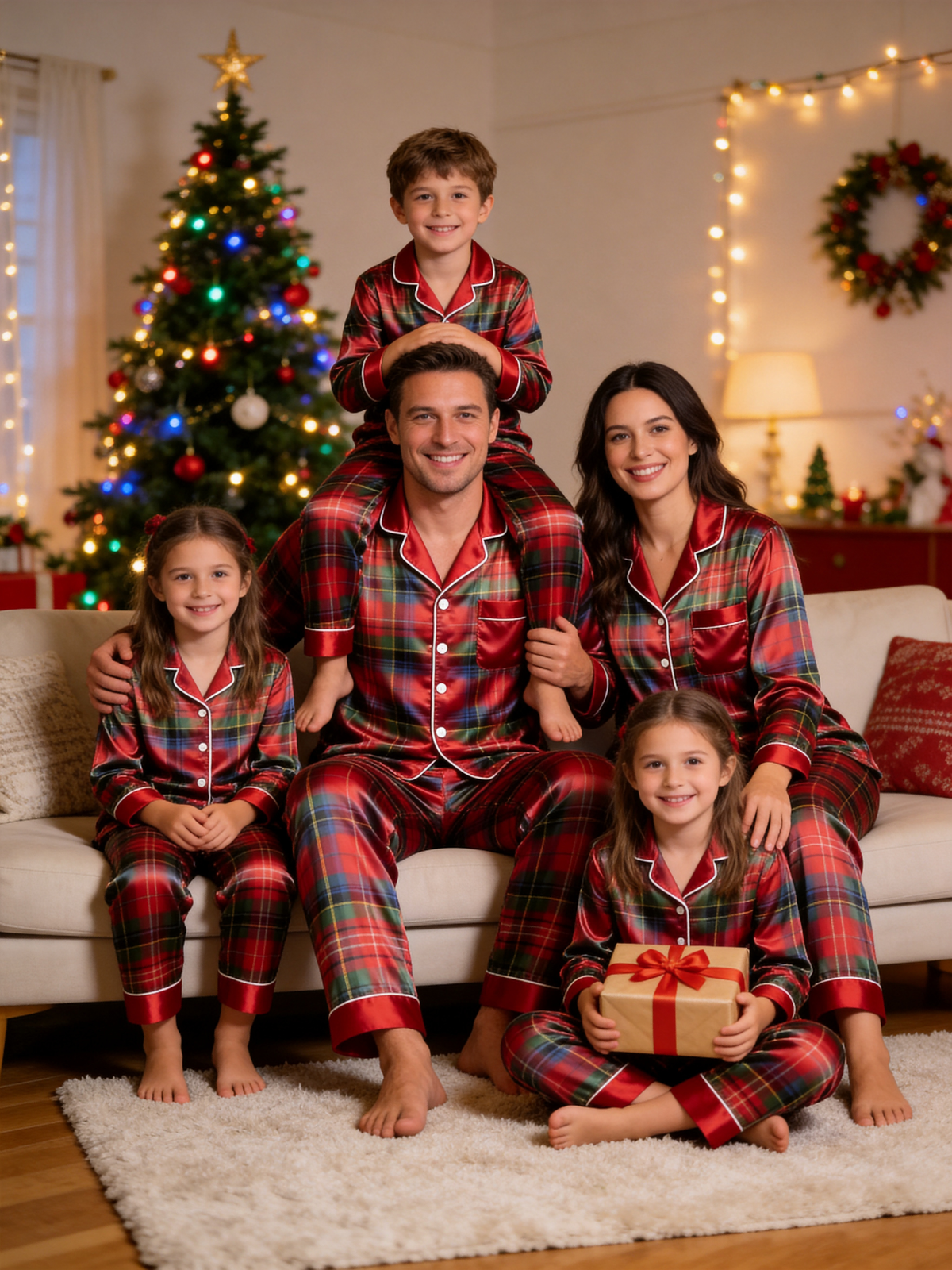 Classic Red & Green Tartan Plaid Holiday Couple Satin Pajama Set Couple Sleepwear