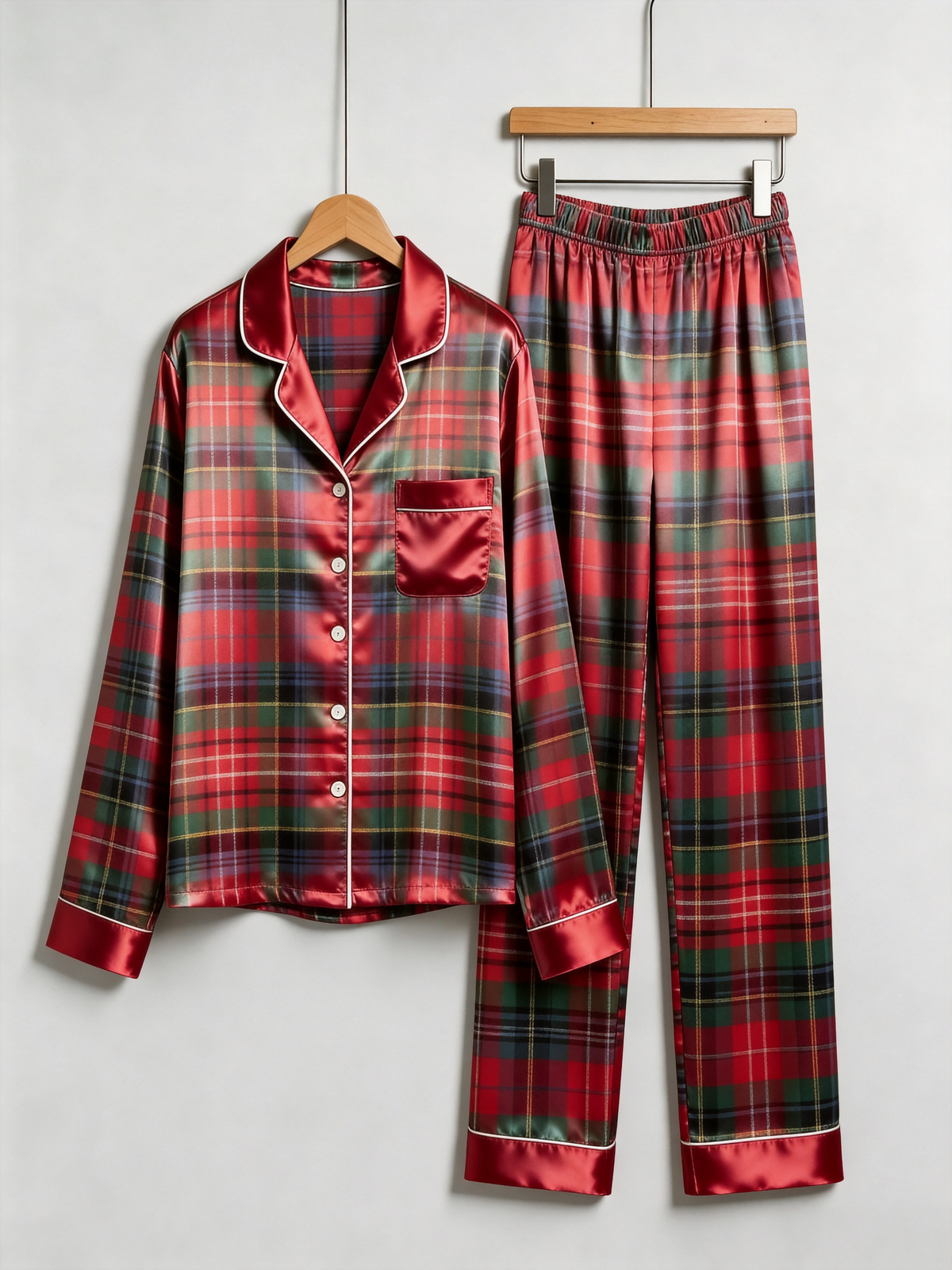 Classic Red & Green Tartan Plaid Holiday Couple Satin Pajama Set Couple Sleepwear