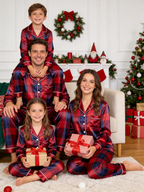 Festive Red & Navy Plaid Holiday Couple Satin Pajama Set Matching Couple Sleepwear