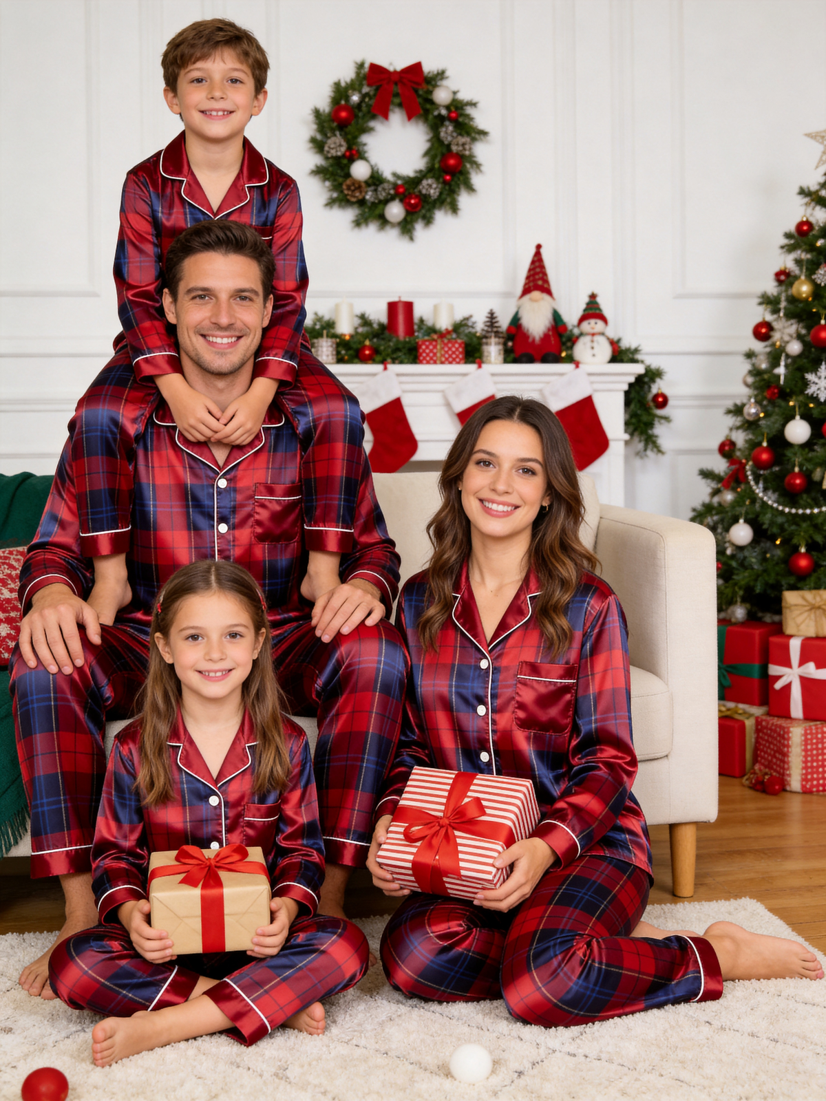 Festive Red & Navy Plaid Holiday Couple Satin Pajama Set Matching Couple Sleepwear
