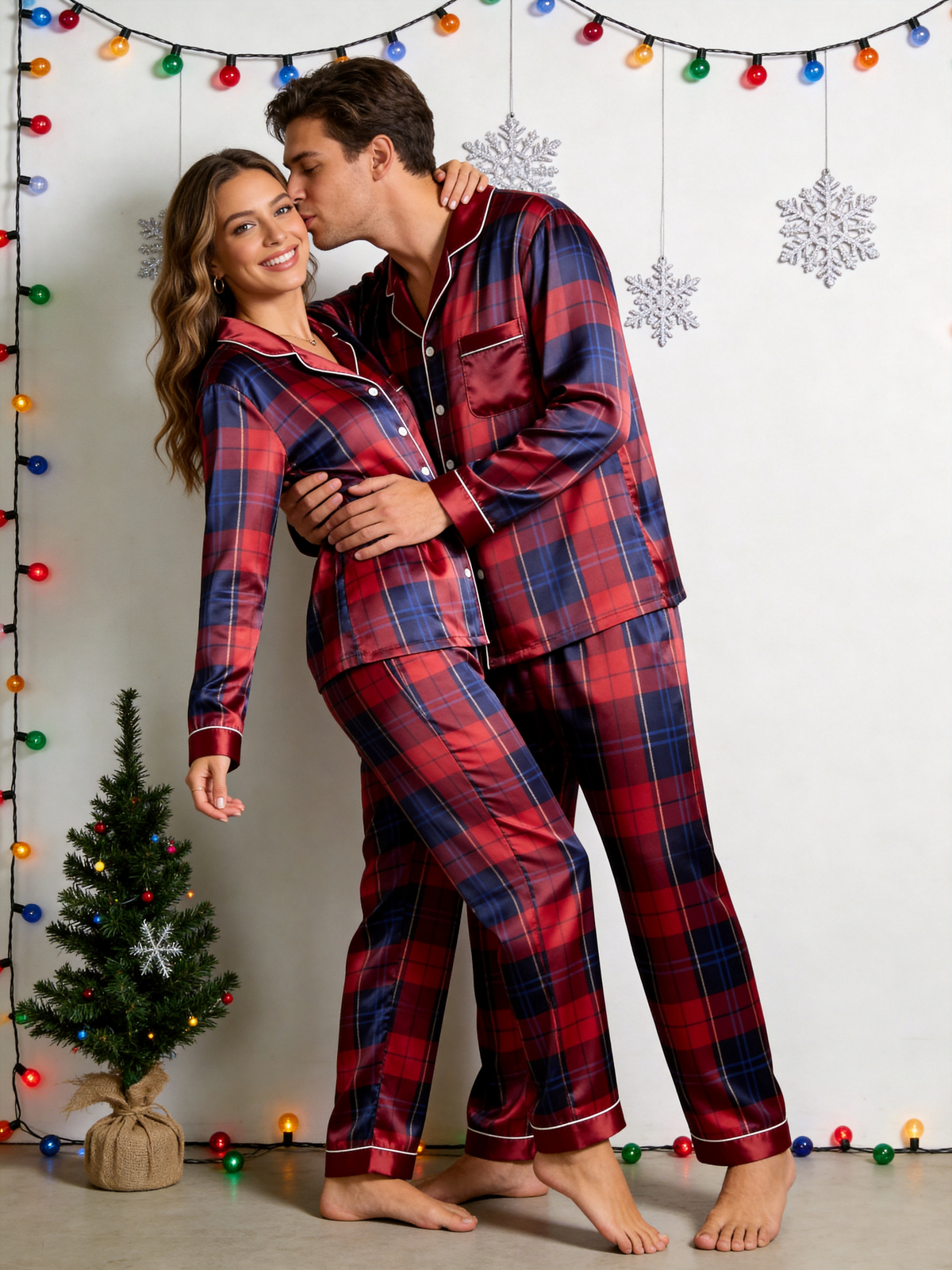 Festive Red & Navy Plaid Holiday Family Satin Pajama Set Matching Family Sleepwear