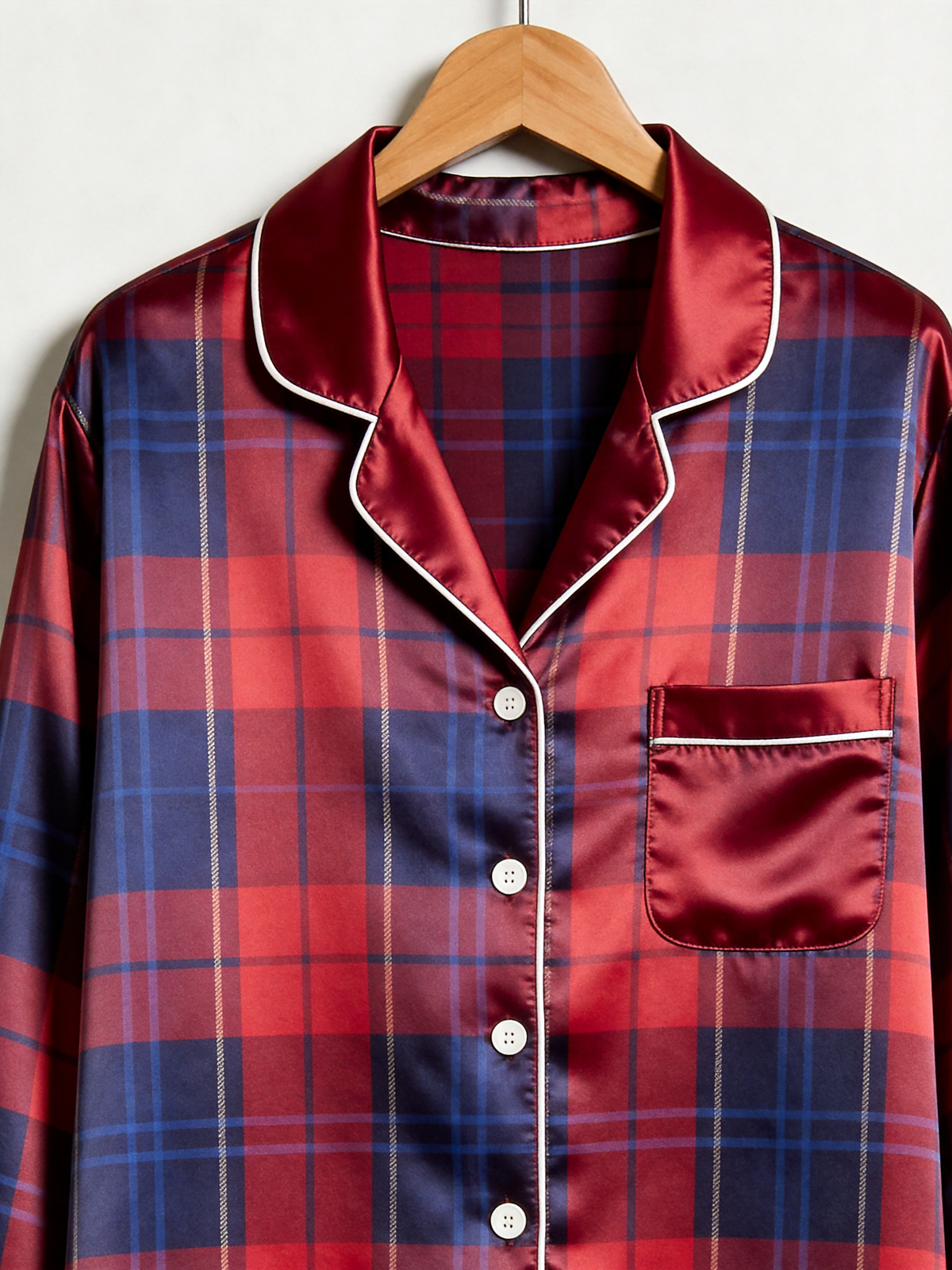 Festive Red & Navy Plaid Holiday Couple Satin Pajama Set Matching Couple Sleepwear