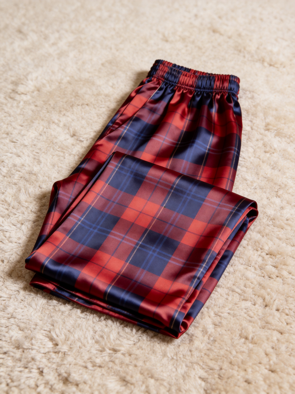 Festive Red & Navy Plaid Holiday Couple Satin Pajama Set Matching Couple Sleepwear