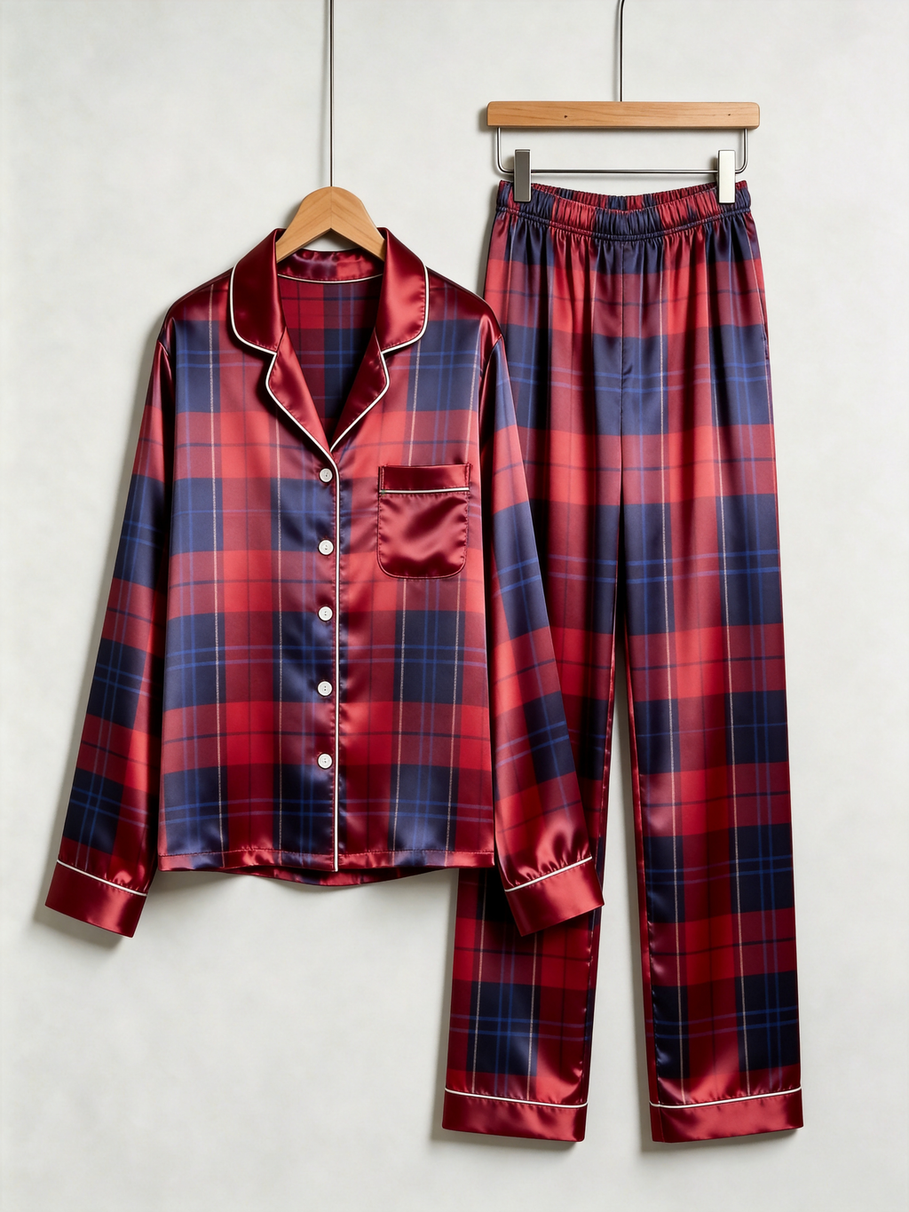 Festive Red & Navy Plaid Holiday Couple Satin Pajama Set Matching Couple Sleepwear
