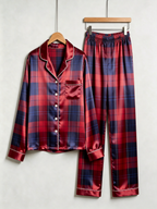 Festive Red & Navy Plaid Holiday Couple Satin Pajama Set Matching Couple Sleepwear