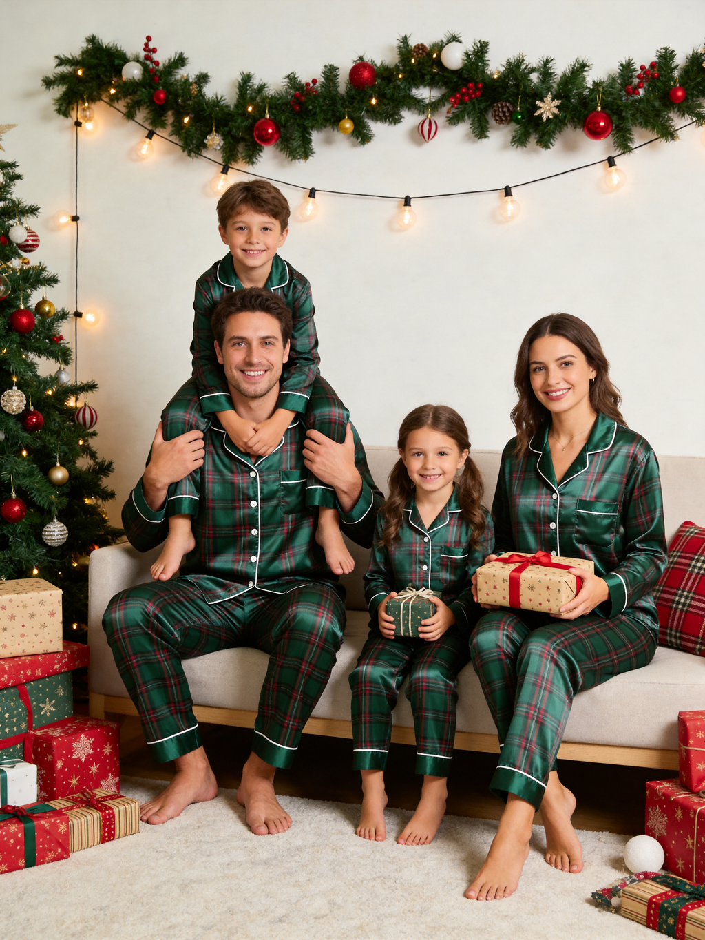 Cozy Green & Red Tartan Plaid Christmas Couple Satin Pajama Set Couple Sleepwear