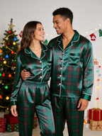 Cozy Green & Red Tartan Plaid Christmas Couple Satin Pajama Set Couple Sleepwear