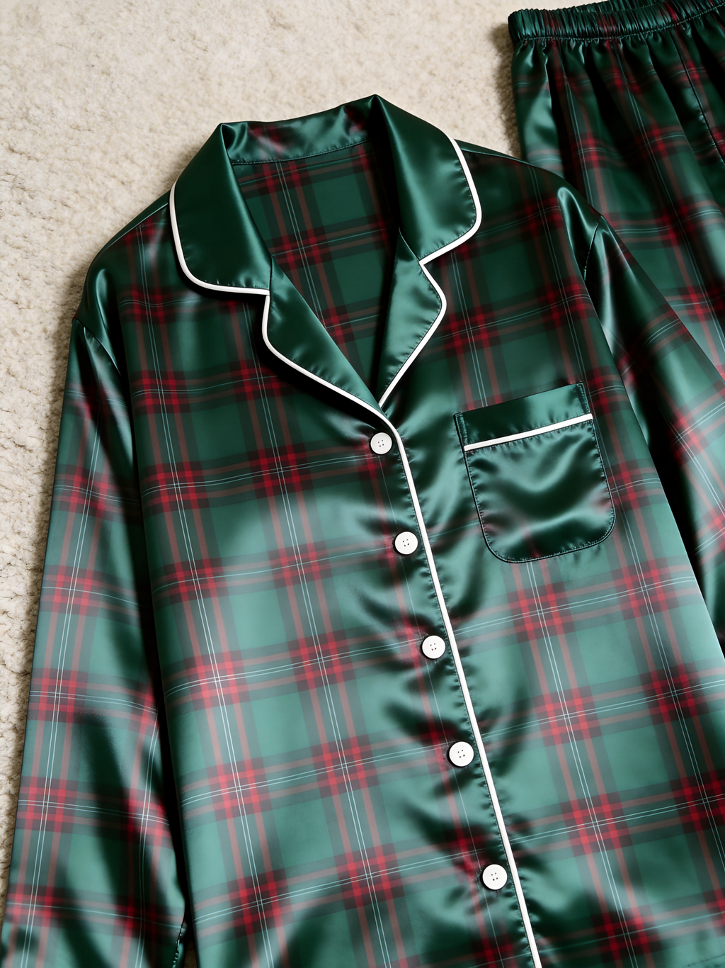 Cozy Green & Red Tartan Plaid Christmas Couple Satin Pajama Set Couple Sleepwear