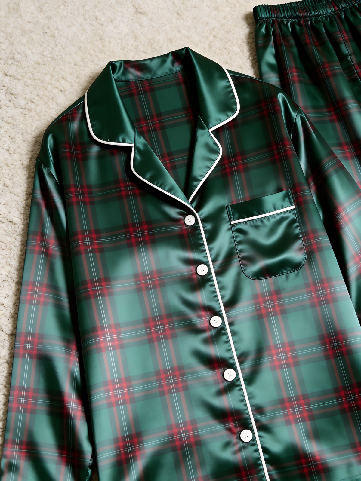 Cozy Green & Red Tartan Plaid Christmas Couple Satin Pajama Set Couple Sleepwear
