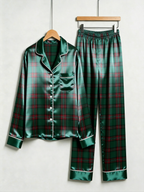 Cozy Green & Red Tartan Plaid Christmas Couple Satin Pajama Set Couple Sleepwear