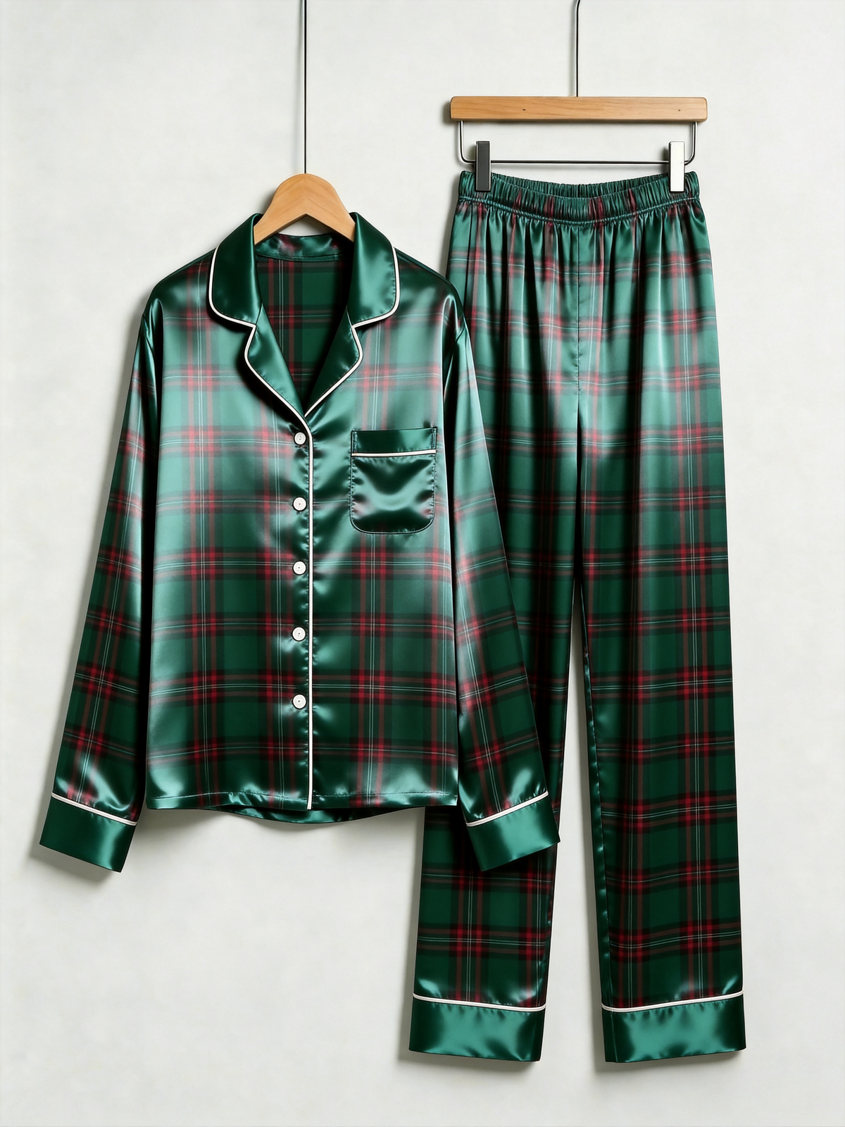 Cozy Green & Red Tartan Plaid Christmas Couple Satin Pajama Set Couple Sleepwear